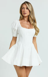 Emma Mini Dress - Scoop Neck Sleeved Corset Drop Waist Circular Skirt Dress in Off White